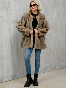 Detail of premium faux fur coat texture with stylish black-tipped brown fibers and open front