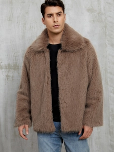 Men's stylish brown faux fur jacket with lapel collar and thick plush texture for winter