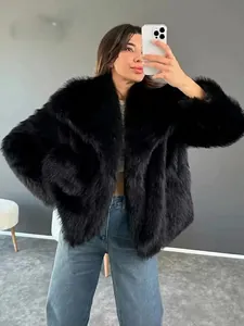 Manteau de luxe en fausse fourrure noire avec grands revers pour femme, veste d'hiver