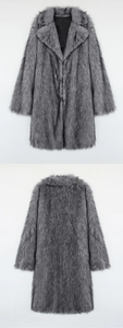 Front and back view of long faux fur coat with thick plush material and large lapel