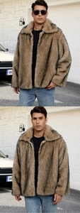 Close-up of stylish faux fur jacket with fluffy lapel collar and soft texture