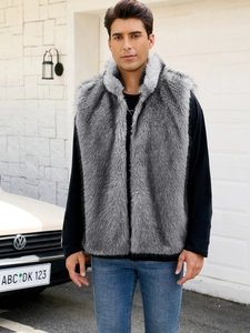 Gilet en fausse fourrure grise pour homme avec col montant et coupe droite décontractée