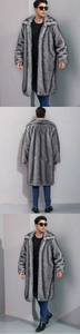 Front, back, and side views of a men's thick silver-grey faux fur long coat with lapels