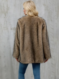 Back view of a long faux fur coat in brown and black tones with a loose warm silhouette