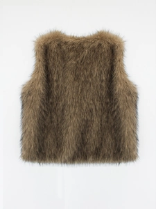 Close-up of fluffy tan faux fur vest featuring a deep V-neck and plush long-hair texture
