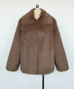 Detail of faux fox fur texture on men's thick turnover collar jacket in dark brown