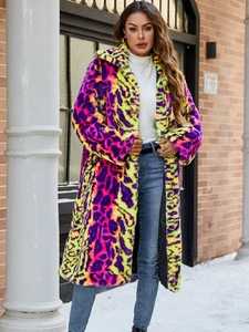 Women Colorful Leopard Print Faux Fur Coat Winter Warm Long Sleeve Lapel Long Jacket Elegant Streetwear Outerwear