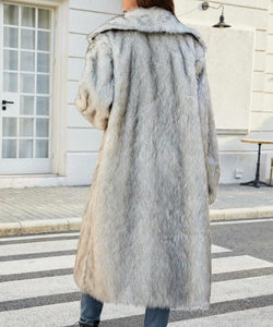 Back view of a long grey and white faux fur coat featuring fluffy natural texture and large collar