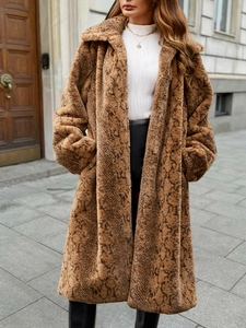 Long brown faux fur coat with vintage snakeskin pattern and notch lapel for women