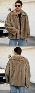 Detailed front and back view of brown faux fur men's warm coat with lapel collar