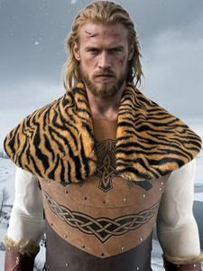 Men's Viking warrior costume with faux fur cape and leather chest armor in snowy wild