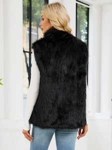Back view of a black faux fox fur vest showing plush texture and high-quality craftsmanship