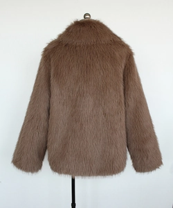 Back view of a men's brown faux fur coat with a lapel collar and fluffy texture