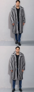 Close-up of luxury silver gray faux fur men's long coat with thick plush texture details