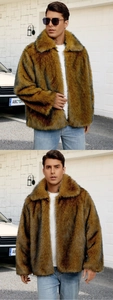 Detailed close-up of golden brown plush faux fur texture on men's winter lapel jacket