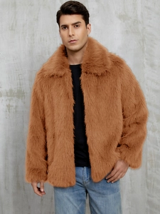 Men's caramel brown faux fur jacket with lapel collar and fluffy long pile texture