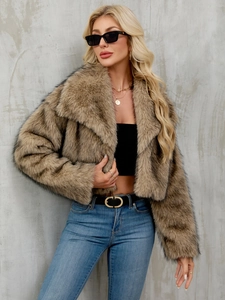 Detailed texture of brown faux fur jacket with large lapel and soft fluffy layers