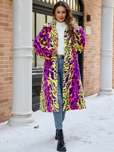 Women's long faux fur coat with vibrant multi-color leopard print and classic lapels