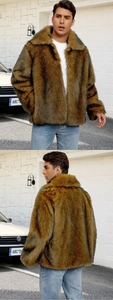 Detailed macro view of dark brown faux fur jacket with thick plush texture and lapel collar
