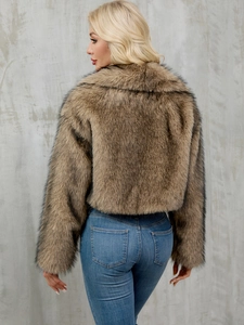 Detailed back view of short faux fur jacket in brown with large collar and fuzzy texture