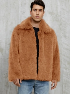Detail shot of men's brown faux fur jacket featuring a plush texture and wide collar