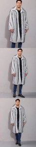 Detail of men's long faux fur coat with gradient texture and large notch lapel