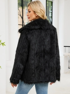 Back view of a black faux fur jacket with fluffy texture and long sleeves for winter