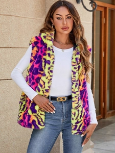 Gilet à Capuche en Fausse Fourrure Léopard Coloré pour Femmes Gilet sans Manches en Fourrure Artificielle Mode Automne Hiver