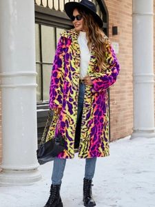 Women's mid-length faux fur coat featuring vibrant purple and orange leopard print patterns