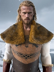 Detailed close-up of a Viking leather armor with faux fur collar and Nordic knot totem