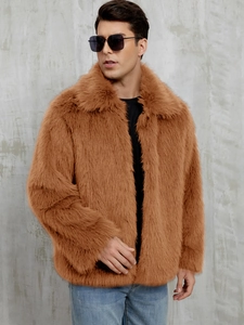 Close-up of thick brown faux fur texture and lapel design on this warm men's jacket