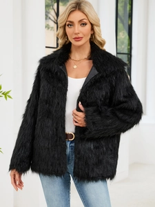 Women's black faux fur jacket in long-fiber plush material with stylish lapel collar