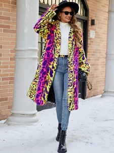 Neon multicolored leopard faux fur coat in longline cut with a large notched lapel