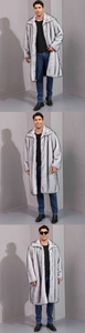 Detail of premium grey faux fur long coat for men with a warm large square collar