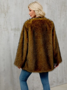 Rear view of long-sleeved brown faux fur coat with thick fluffy texture and loose fit