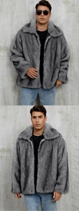 Detail of men's grey faux fur coat with large lapel collar and plush texture
