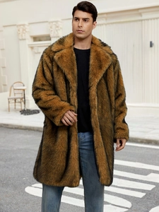 Men's winter long faux fox fur coat in brown with big lapels and warm plush texture