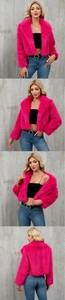 Detailed four-way view of a rose pink faux fur jacket with a wide lapel and thick texture