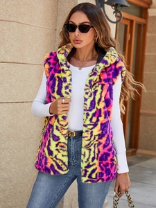 Gilet à capuche en fausse fourrure pour femme avec imprimé léopard violet et vert