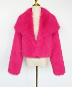 Close-up detail of hot pink faux fur short jacket with wide lapel and soft texture