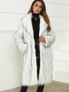 Elegant long faux fur coat for women with notched lapel in stylish wolf fur pattern