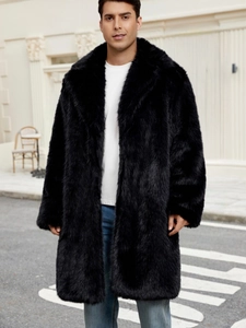 Long faux fox fur coat for men in black, warm winter mid-length jacket with wide lapels