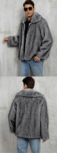 Macro detail of men's silver faux fur coat showing plush texture and lapel design