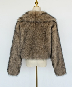Detailed back view of a faux fur cropped jacket with dense brown and black mixed plush texture