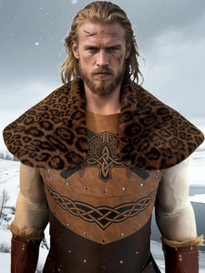 Viking warrior costume featuring leopard faux fur collar and Nordic knot leather vest