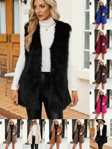 Women's Elegant Faux Fur Mid-Length Vest Sleeveless V-Neck Winter Warm Outwear Soft Solid Color Slim Fit Waistcoat