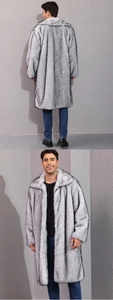 Detailed front and back view of a men's silver-grey faux fur long coat with thick collar