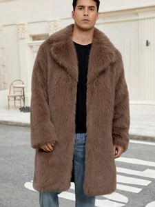 Men's luxury long faux fox fur coat in brown featuring a large lapel for winter warmth