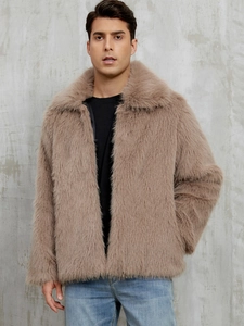 Detail view of camel faux fur jacket showing thick plush texture and lapel collar