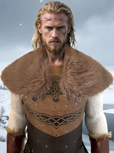 Close-up of Viking faux fur collar and leather chest armor with Celtic knot patterns